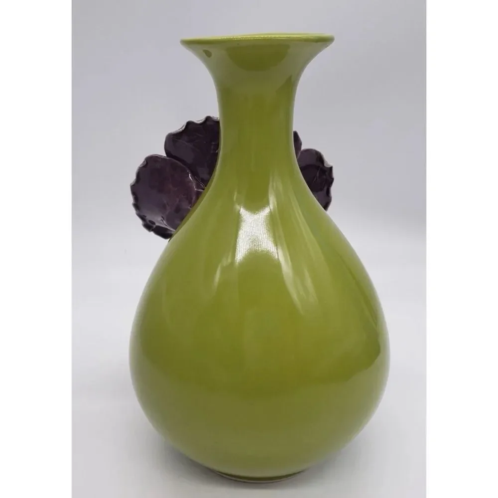Anthropologie Rose of Sharon Grand Purple Flower On Olive Green Vase 9”x6”~ New